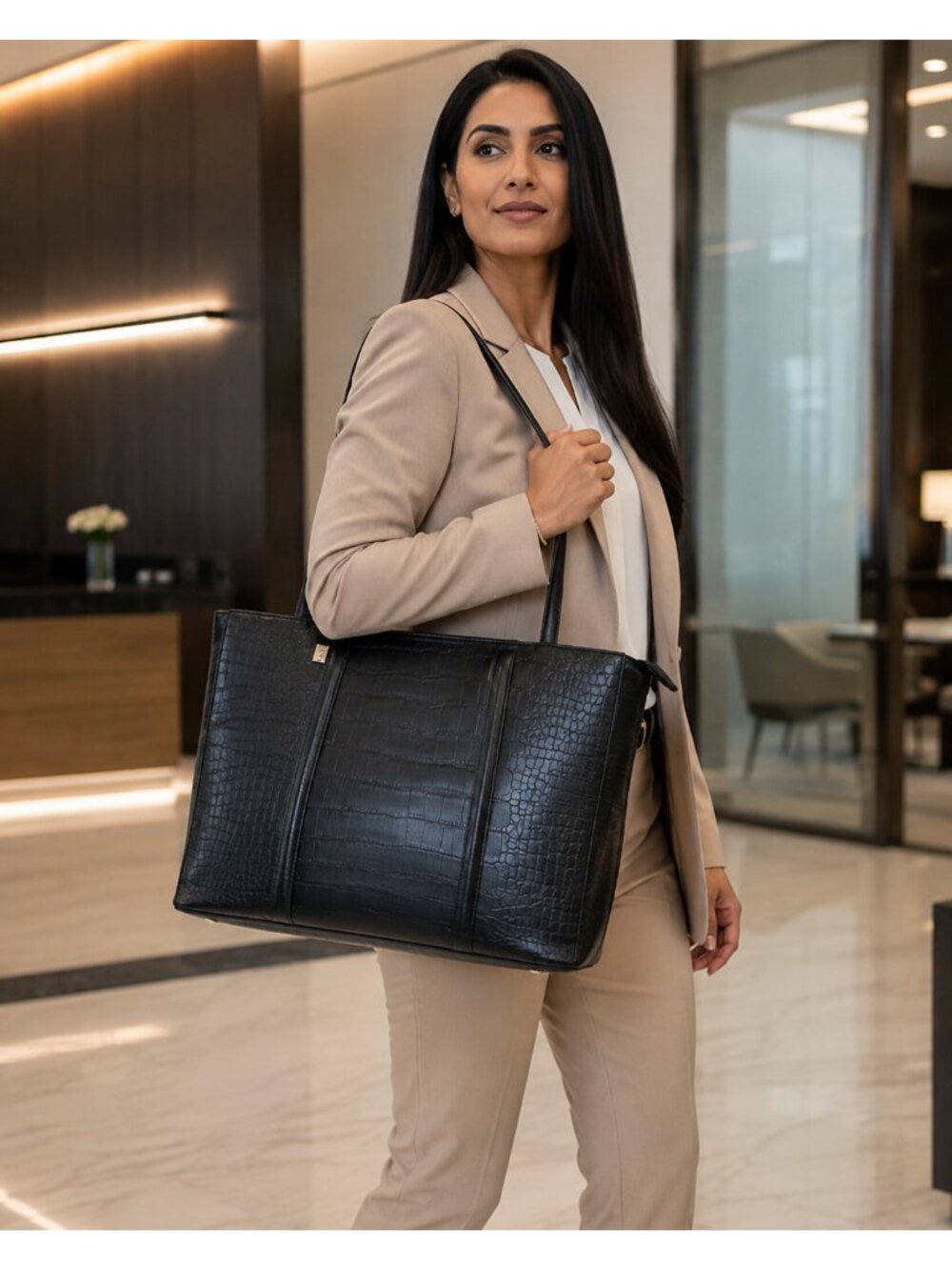 BÉIS Black Croc Work Tote Bag – Large Structured Shoulder Bag